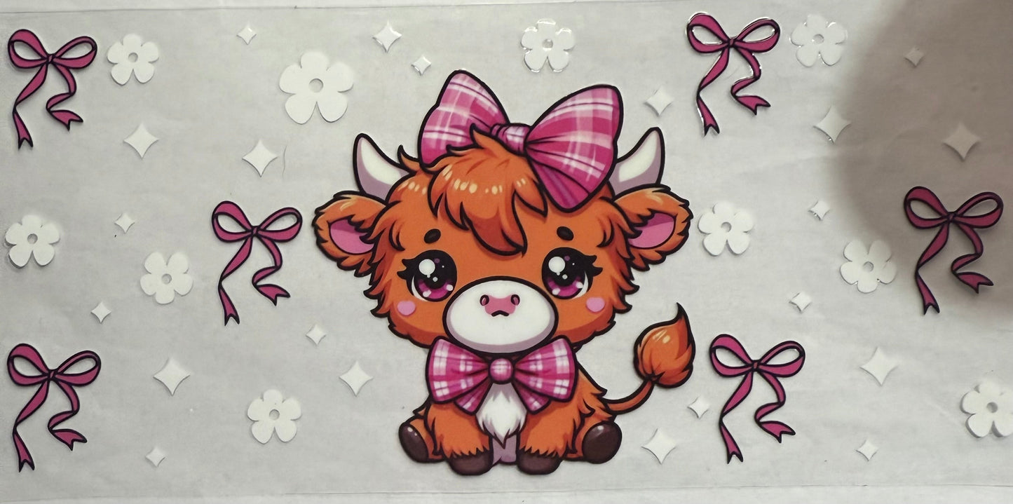 uvdtf transfer wrap Pink highland cow floral and bows
