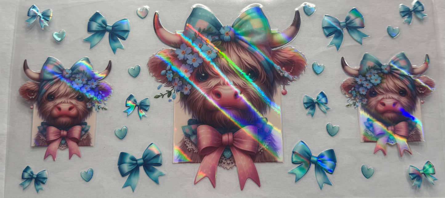 uvdtf transfer wrap holo blue highland cow with bows