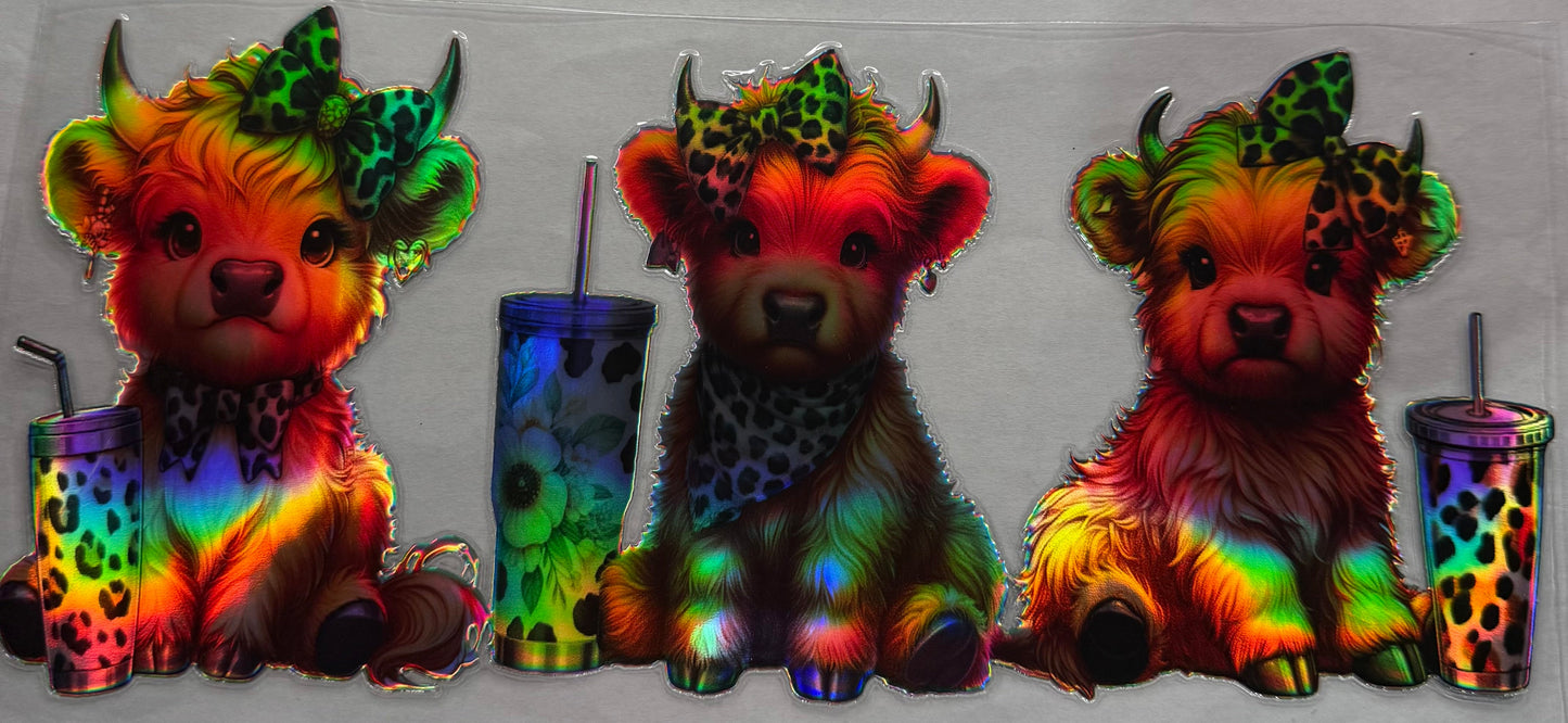 uvdtf transfer wrap holo three Highland cows with coffees