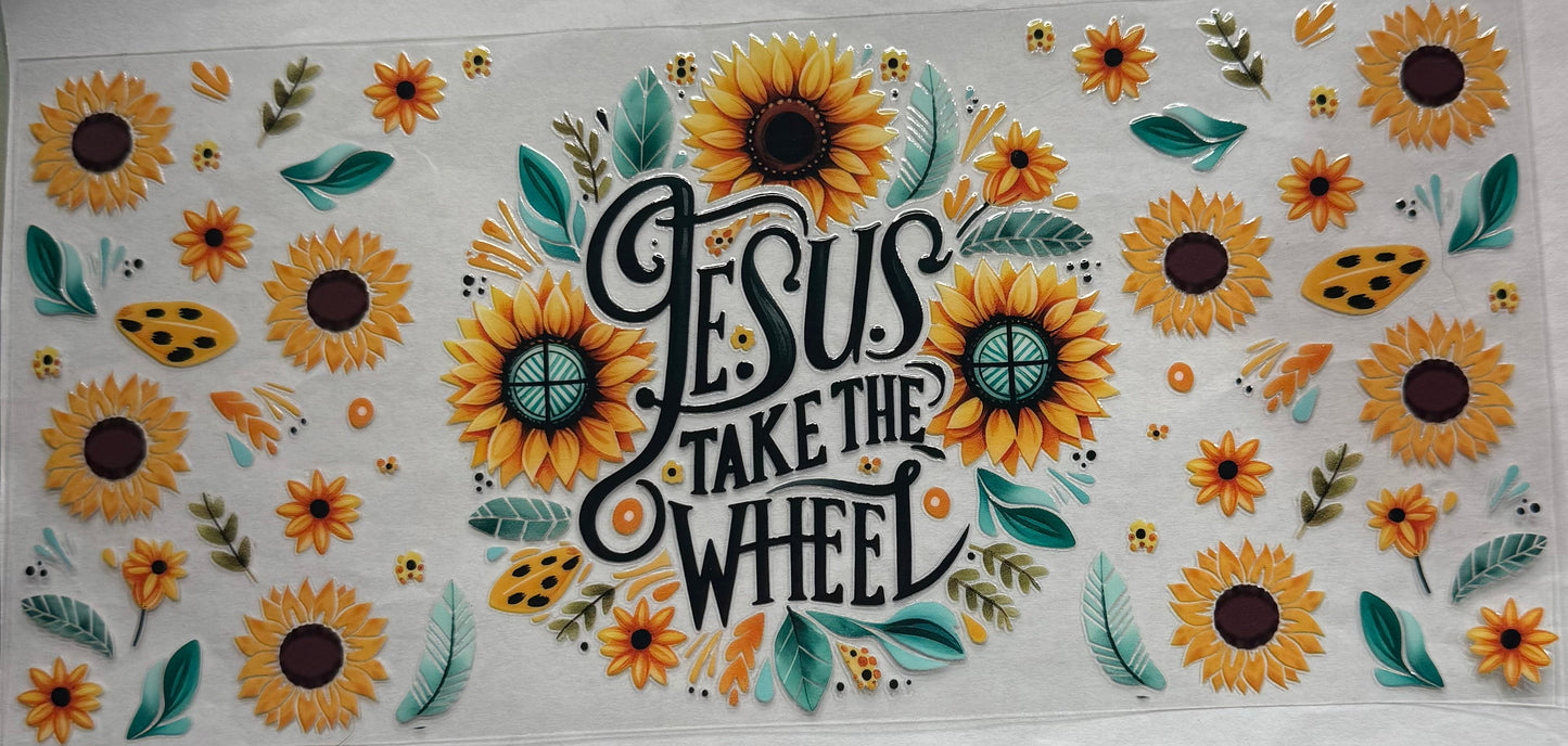 uvdtf transfer wrap Jesus take the wheel with sunflower