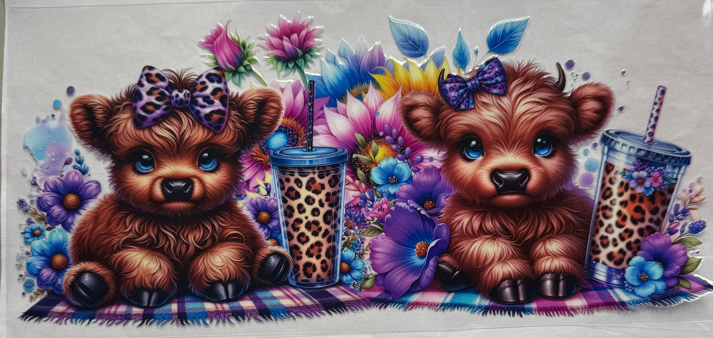 uvdtf transfer wrap highland cows with rainbow sunflowers, and cheetah coffee cups