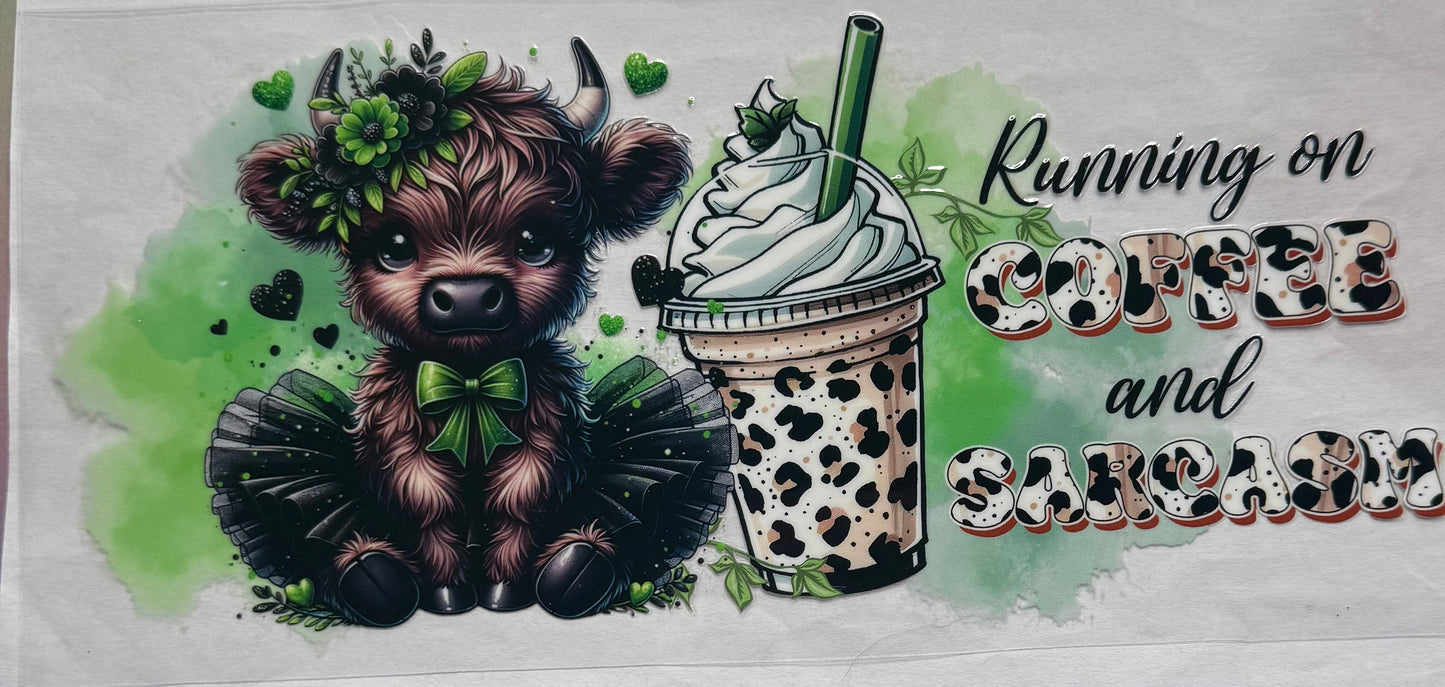 uvdtf transfer wrap Highland cow running on coffee and sarcasm