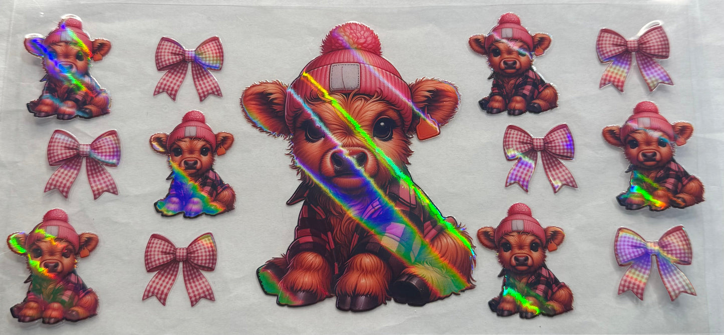 uvdtf transfer wrap holo highland cow with hat pink bows