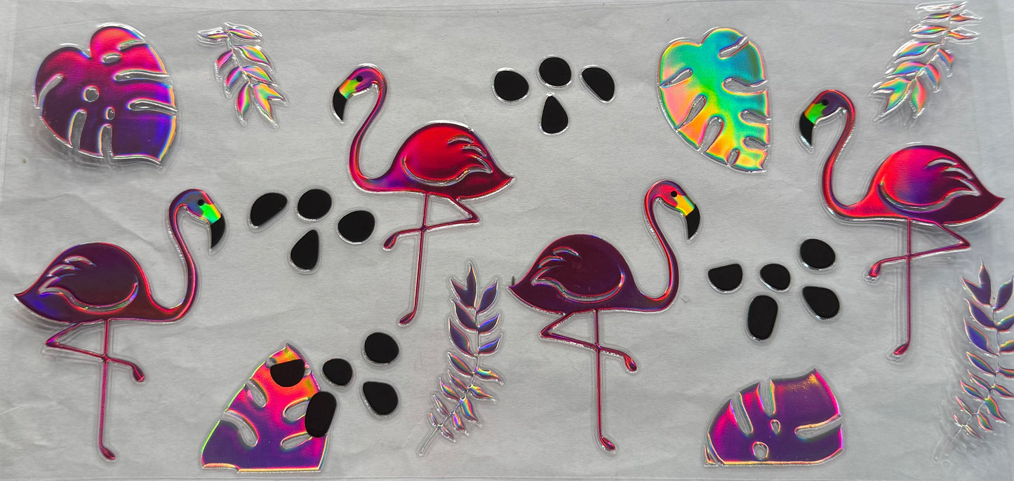 uvdtf transfer wrap holo flamingos palm leafs