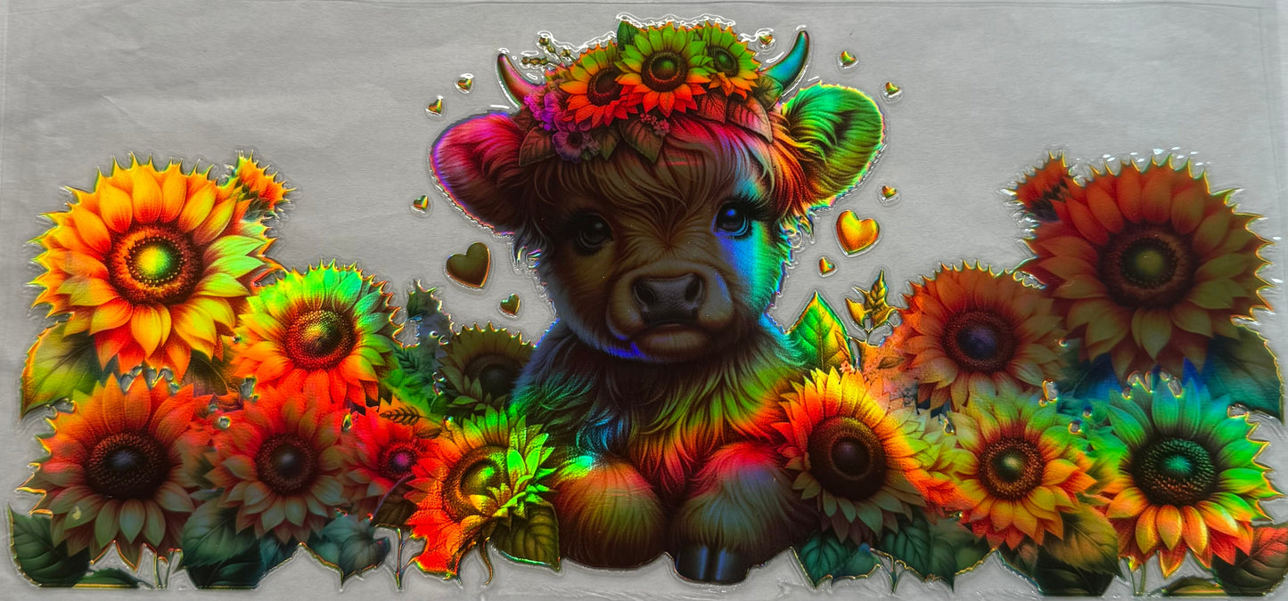 uvdtf transfer wrap holo sunflower highland cow