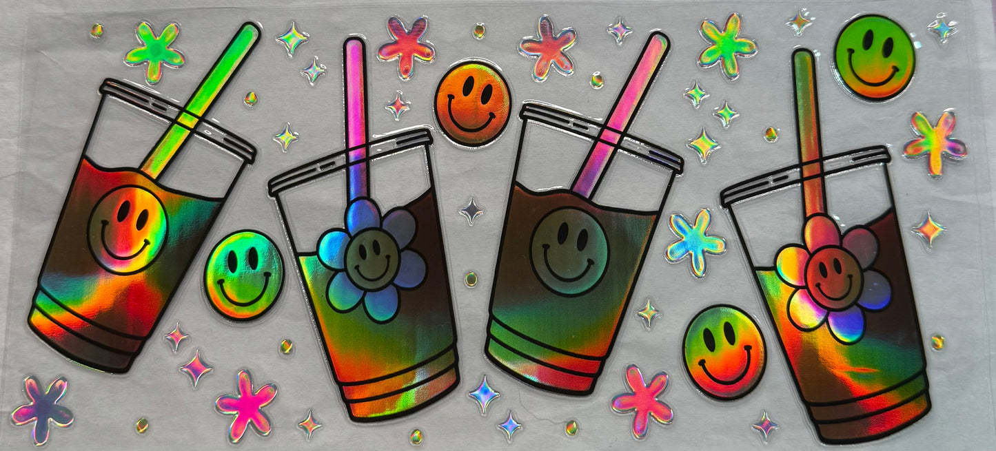 uvdtf transfer wrap holo ice coffee drinks smiley faces