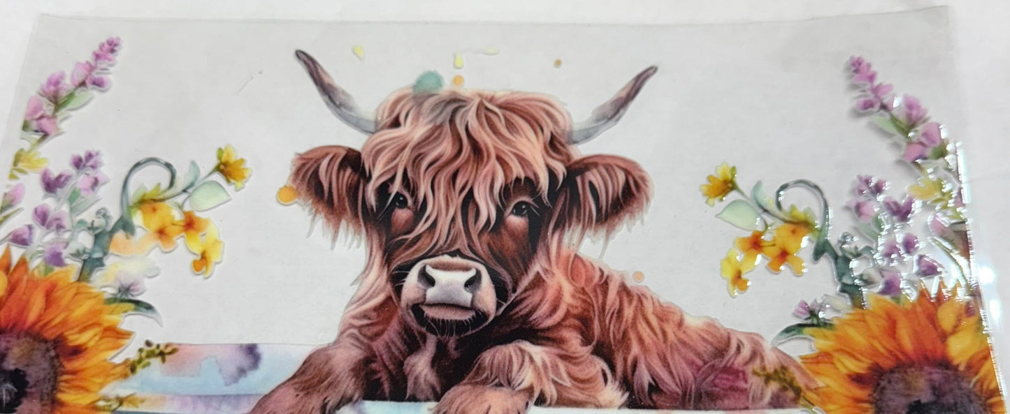 uvdtf transfer wrap highland cow flowers sunflowers
