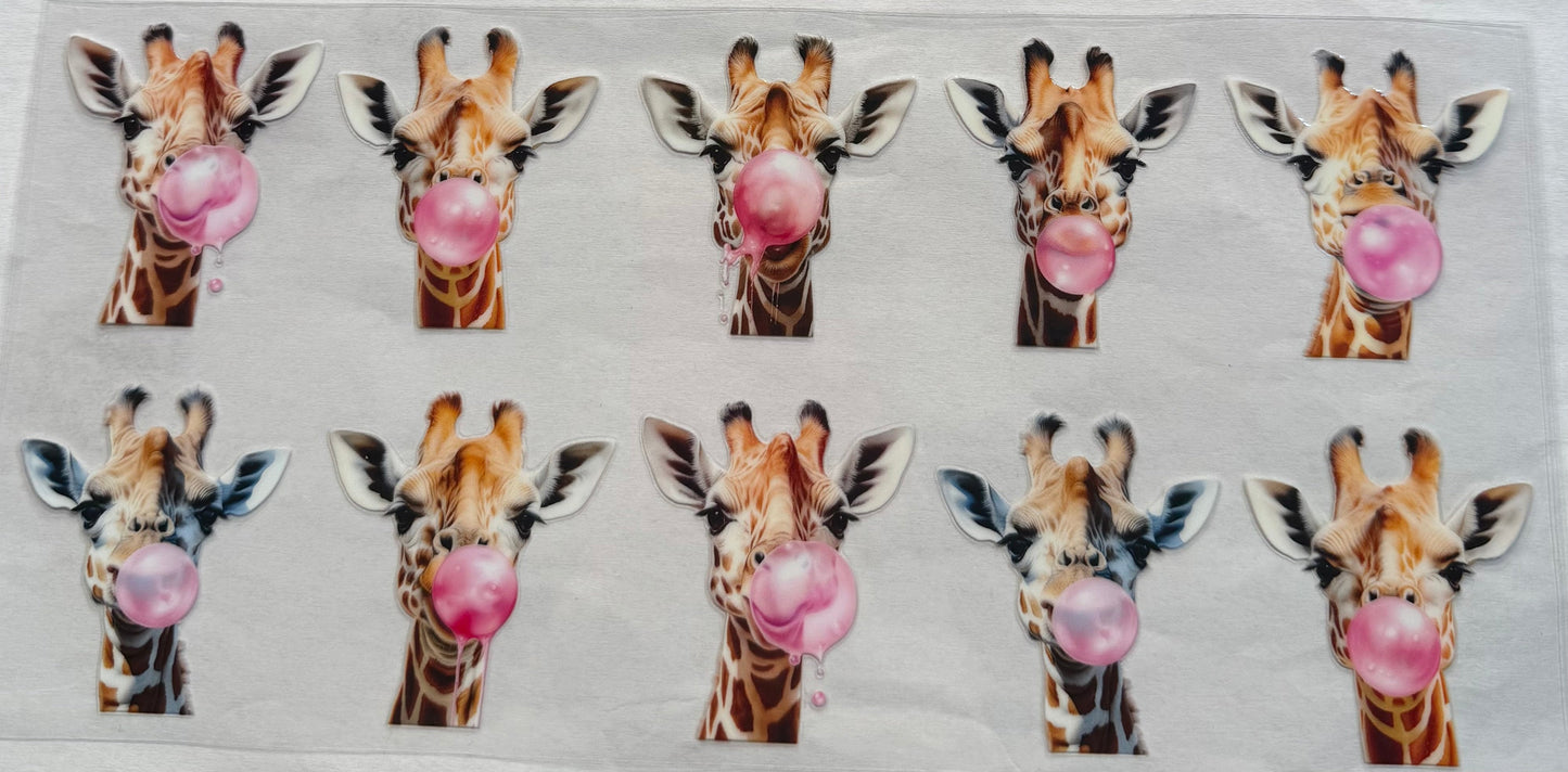 uvdtf transfer wrap giraffe with bubble gum