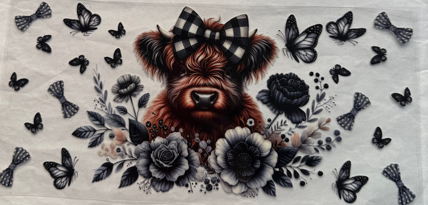 uvdtf transfer wrap highland cow black and white with plaid bow