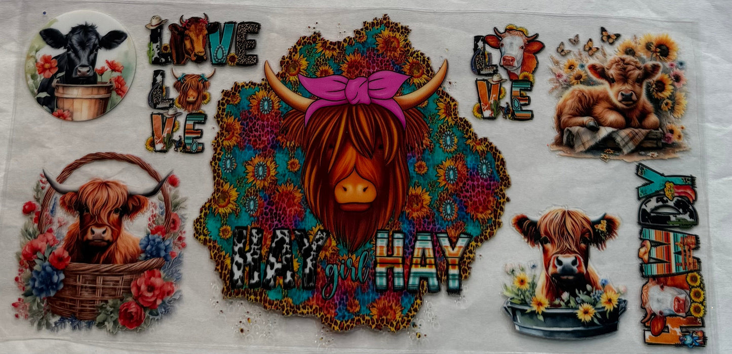 uvdtf transfer wrap highland cow basket floral