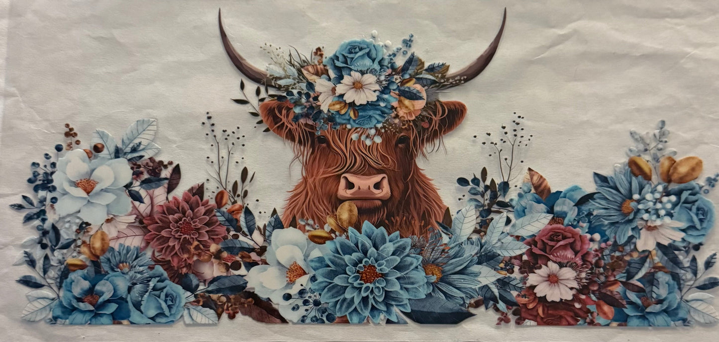 uvdtf transfer wrap highland cow blue floral