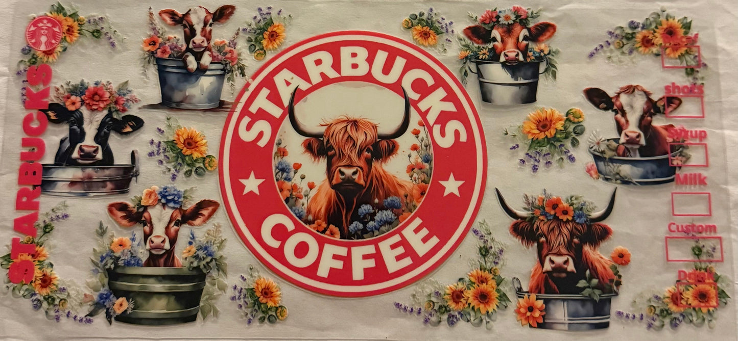 uvdtf transfer wrap Starbucks highland cow floral red