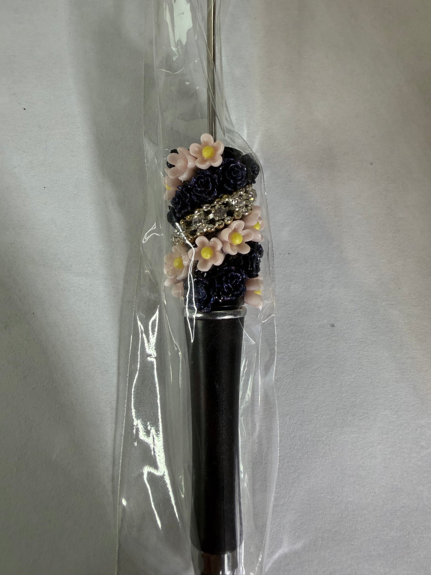 Beadable pen just the pen Half done black with pink flowers and rhinestone