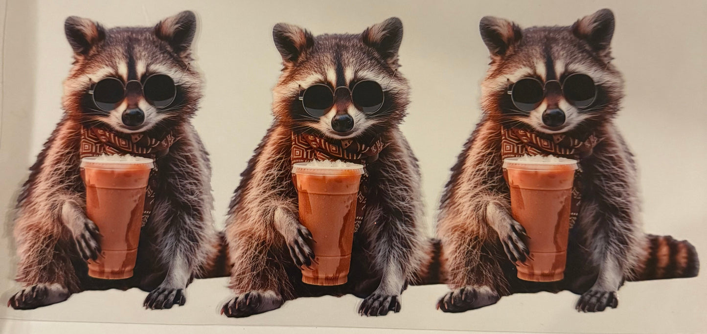 uvdtf transfer wrap raccoons animal drinks coffee