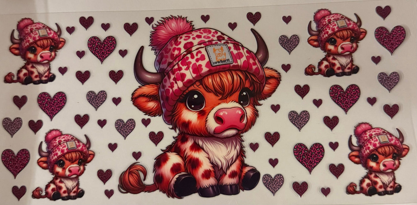 uvdtf transfer wrap highland cow with hearts and pink Carhartt hat