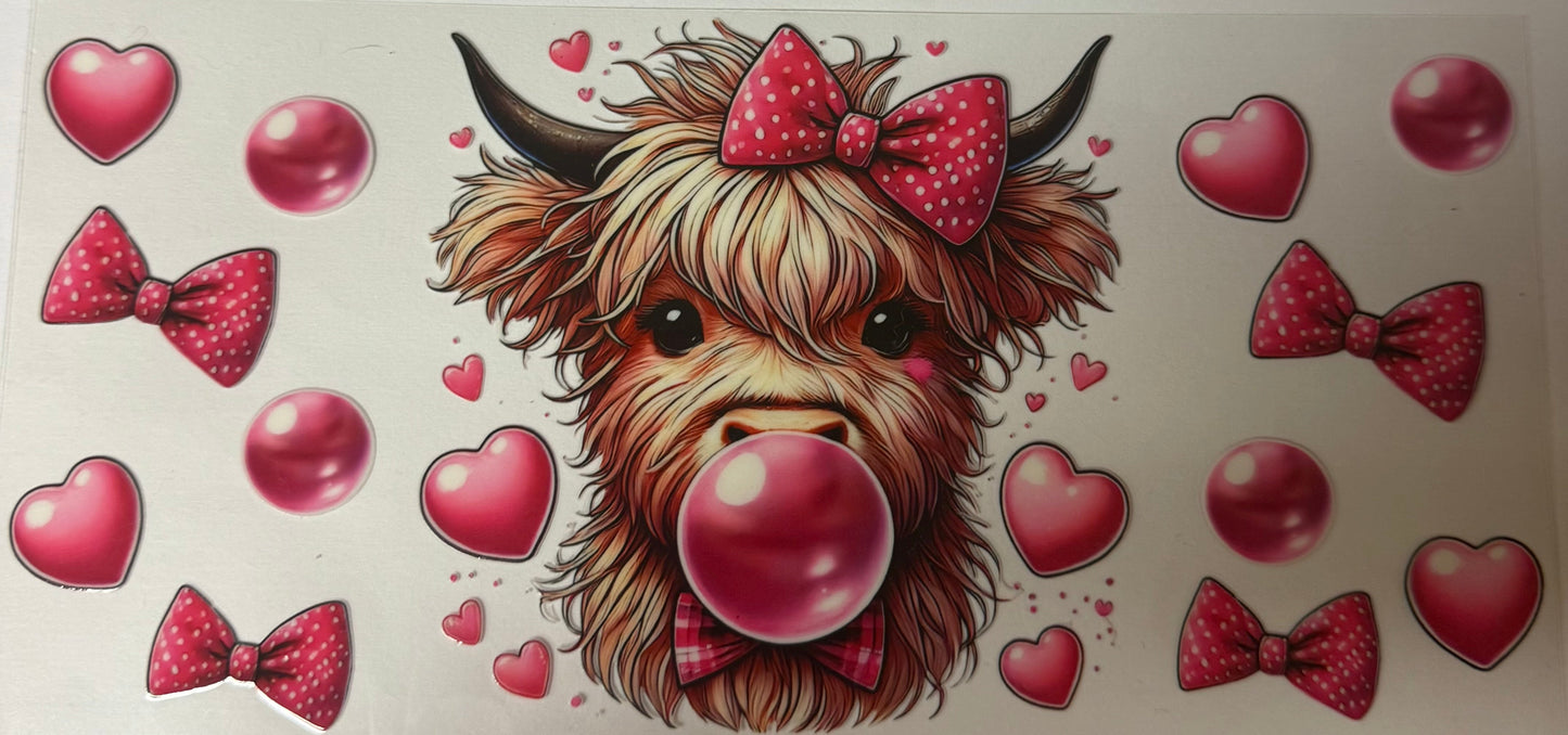 uvdtf transfer wrap bubble gum highland cow