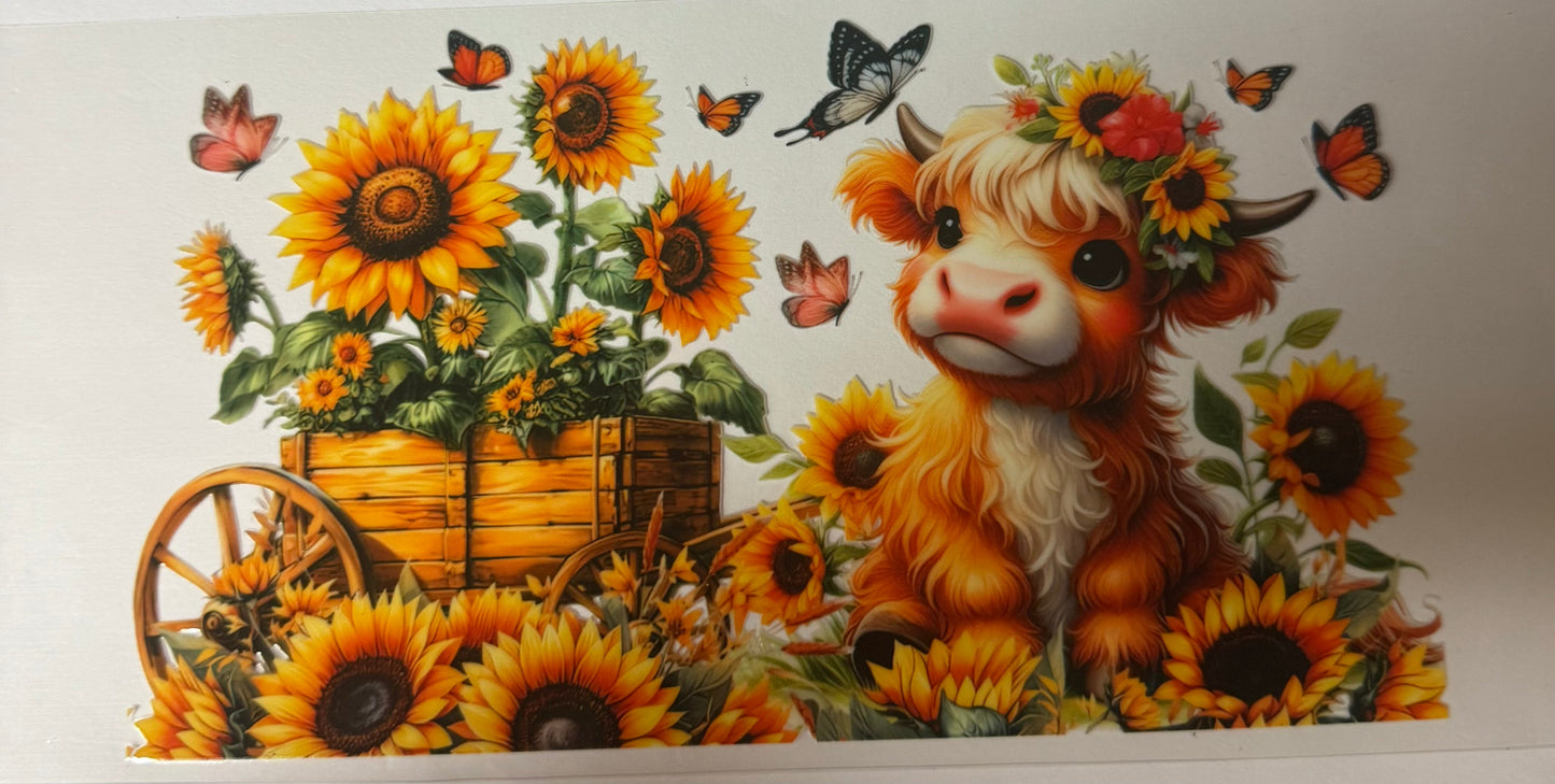 uvdtf transfer wrap yellow highland cow sunflowers butterfly