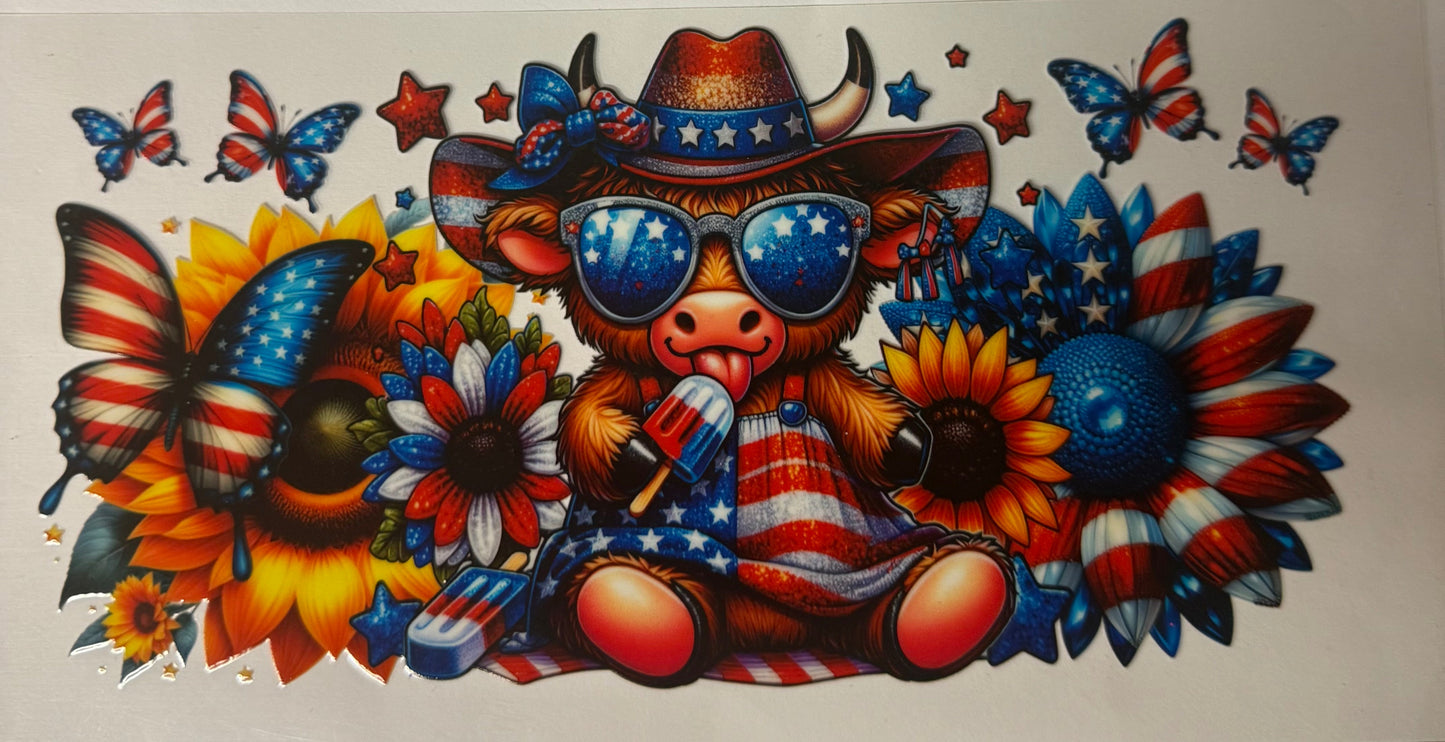 uvdtf transfer wrap Americana highland cow with sunflowers and butterfly’s
