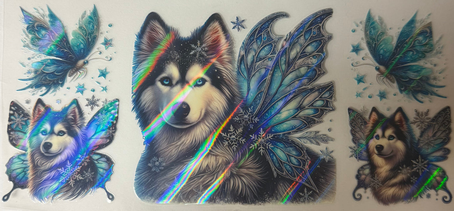 uvdtf transfer wrap holo butterfly husky dog