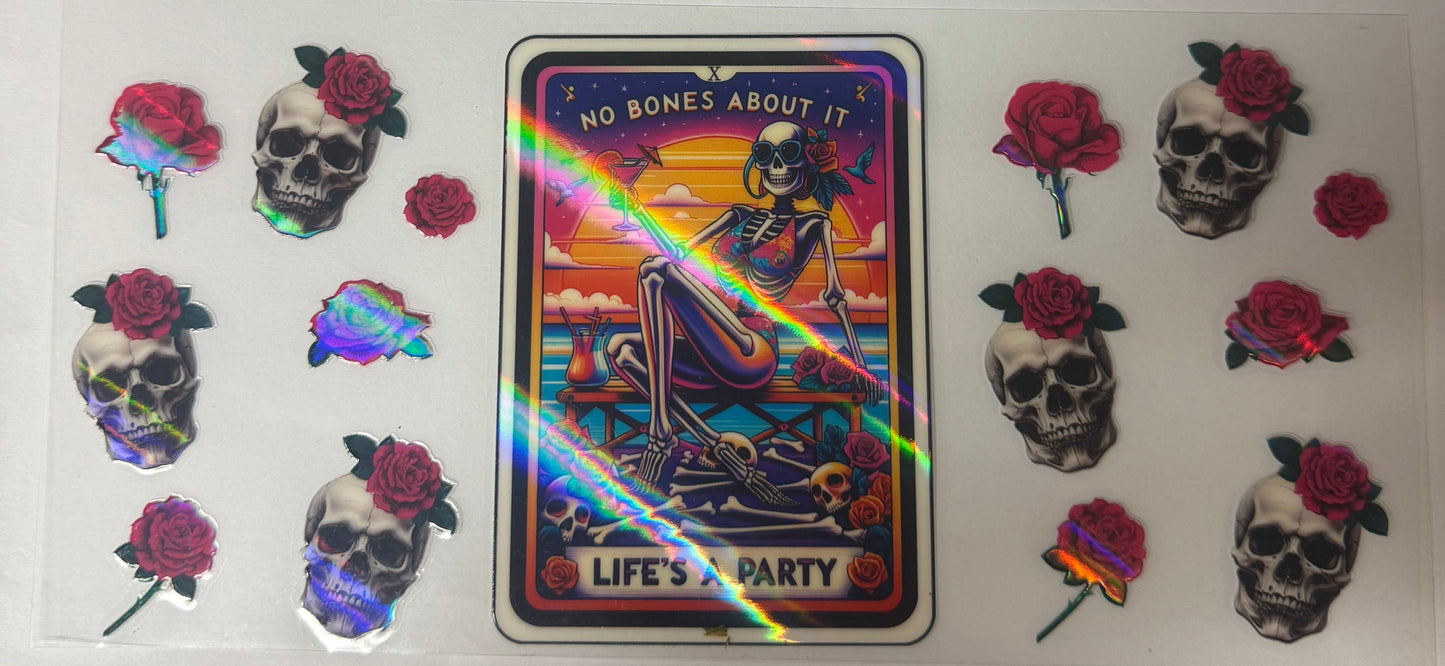 uvdtf transfer wrap holo skull life’s a party with roses