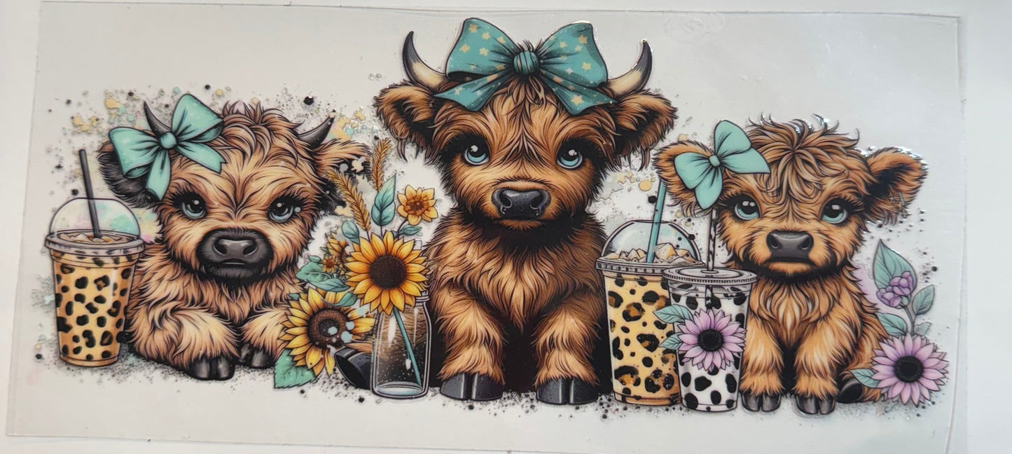 uvdtf transfer wrap highland cows with coffee cups and floral