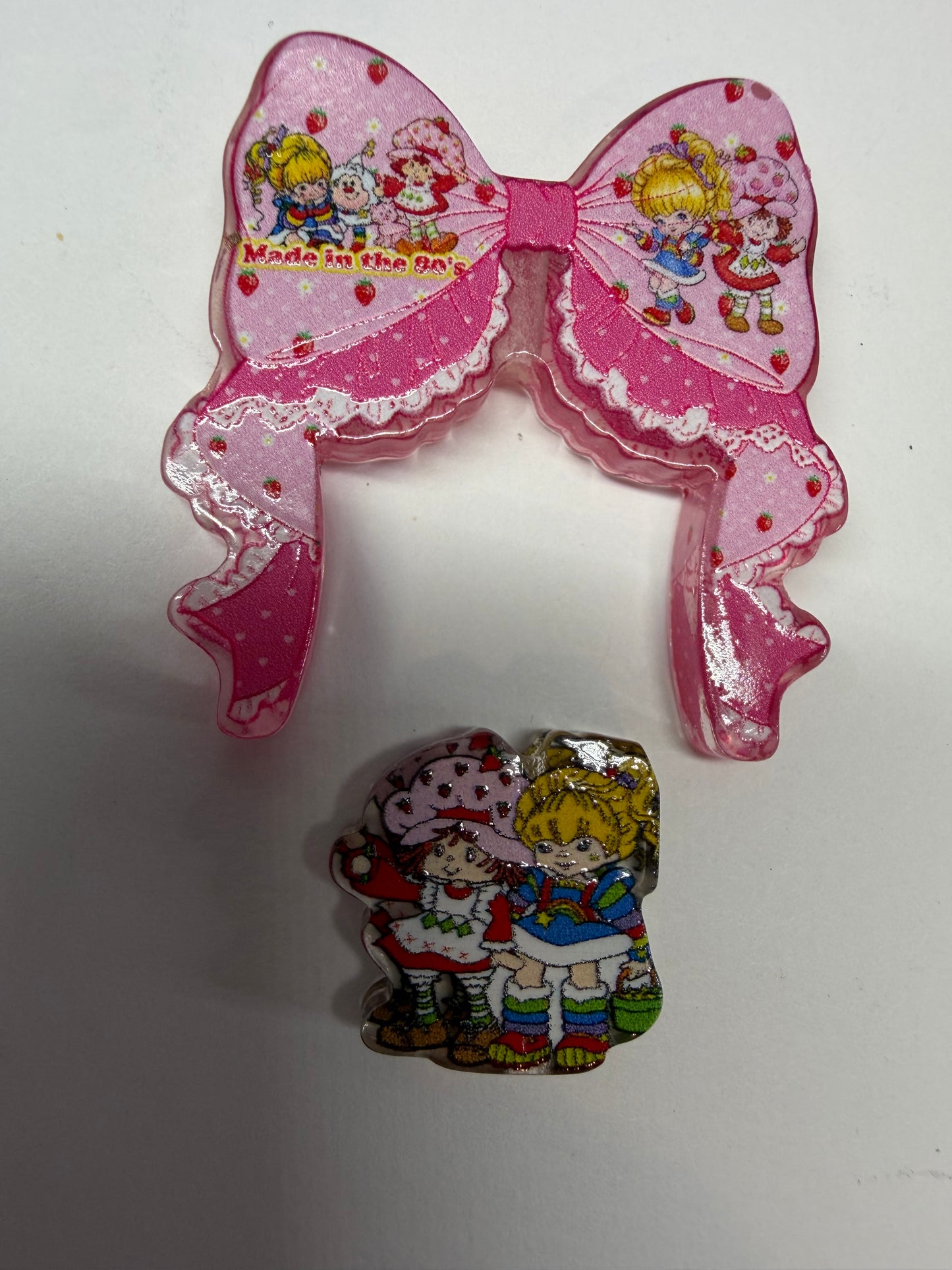 Acrylic focal 2 pieces Bow rainbow and strawberry girl made in the 80s
