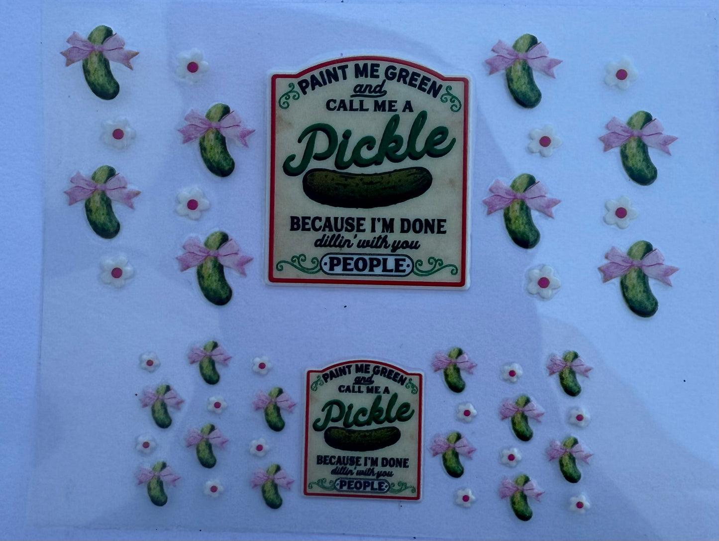 Uvdtf wraps Mini Stanley pickles with bows paint me green