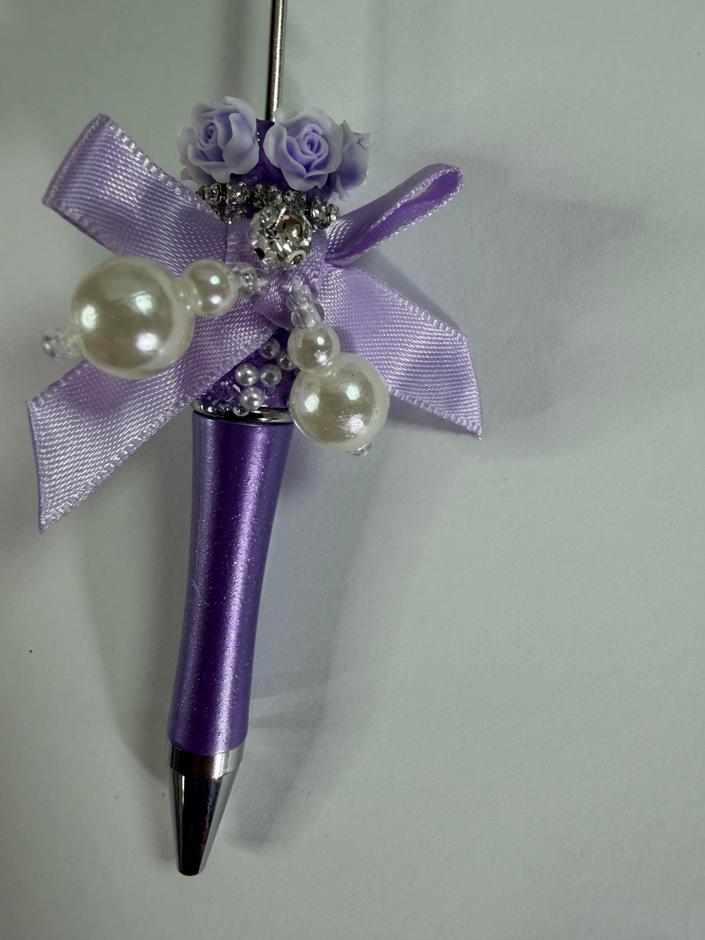 Beadable pen just the one half done purple bow with pearls