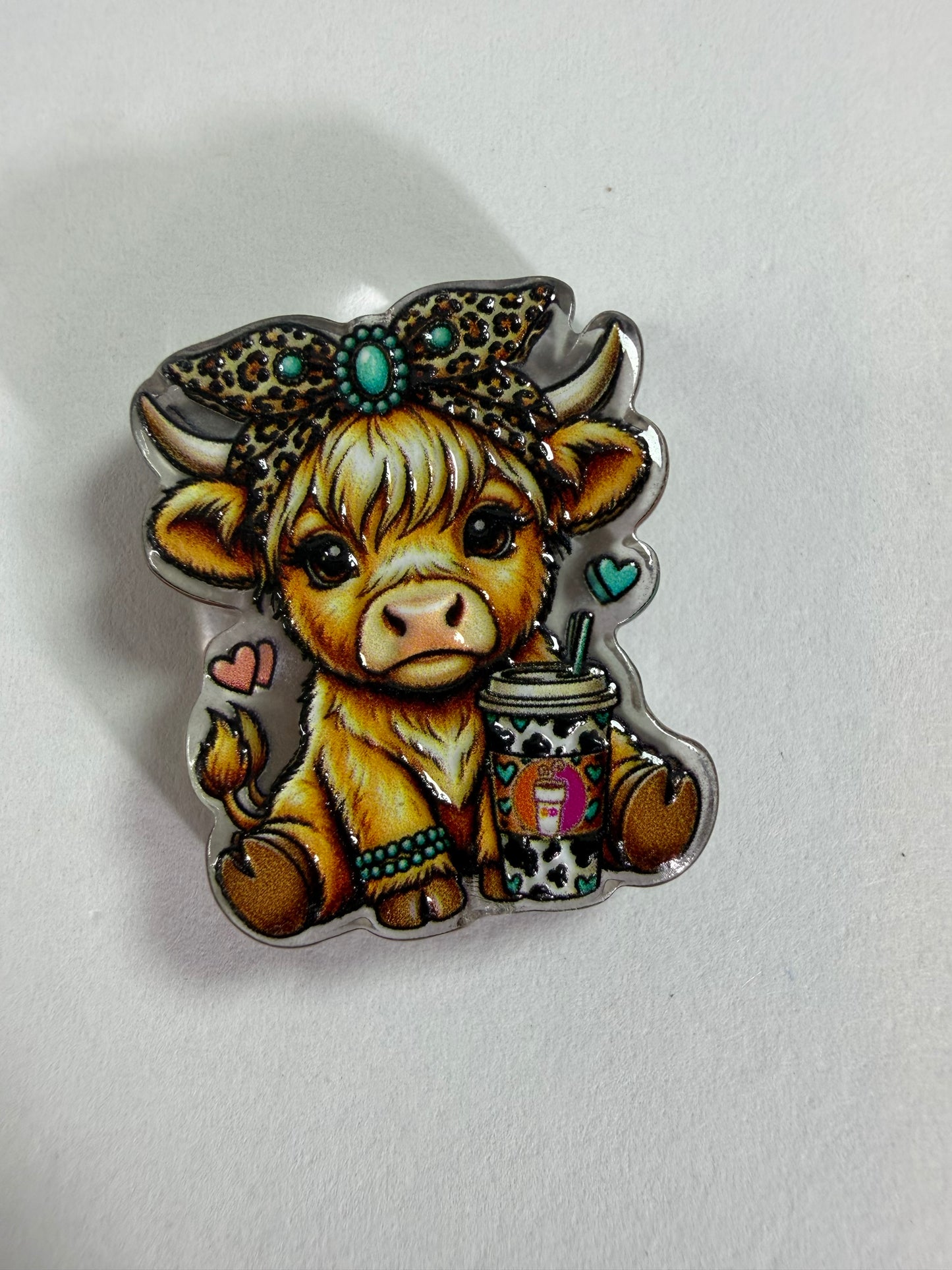 Acrylic focal highland cow with Dunkin coffee