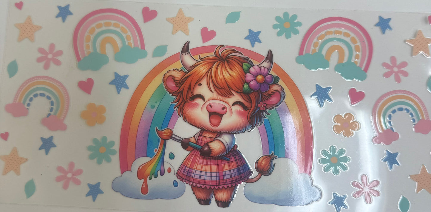 Cup wraps uvdtf Highland cow rainbows floral painting