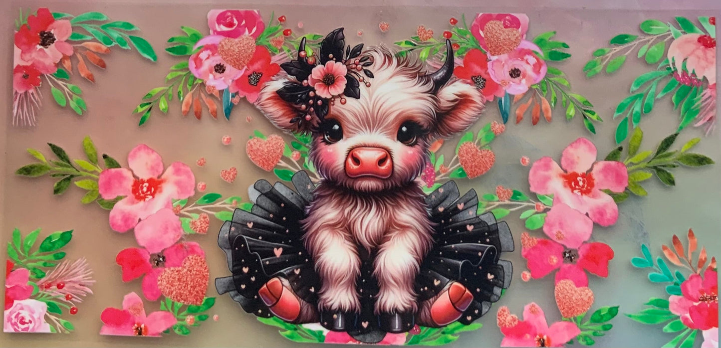 uvdtf transfer wrap highland cow tutu pink and black floral