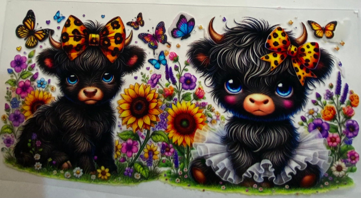 uvdtf transfer wrap black highland cows with sunflowers butterfly’s