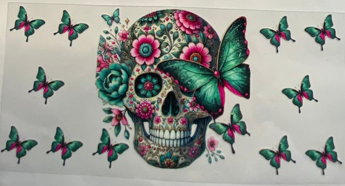 uvdtf transfer wrap floral skull head with pink and green butterfly’s