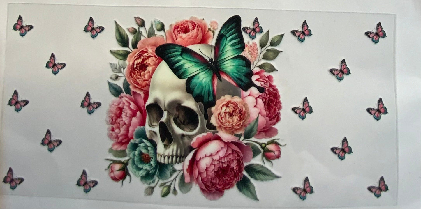 uvdtf transfer wrap skull with green butterfly and pink floral