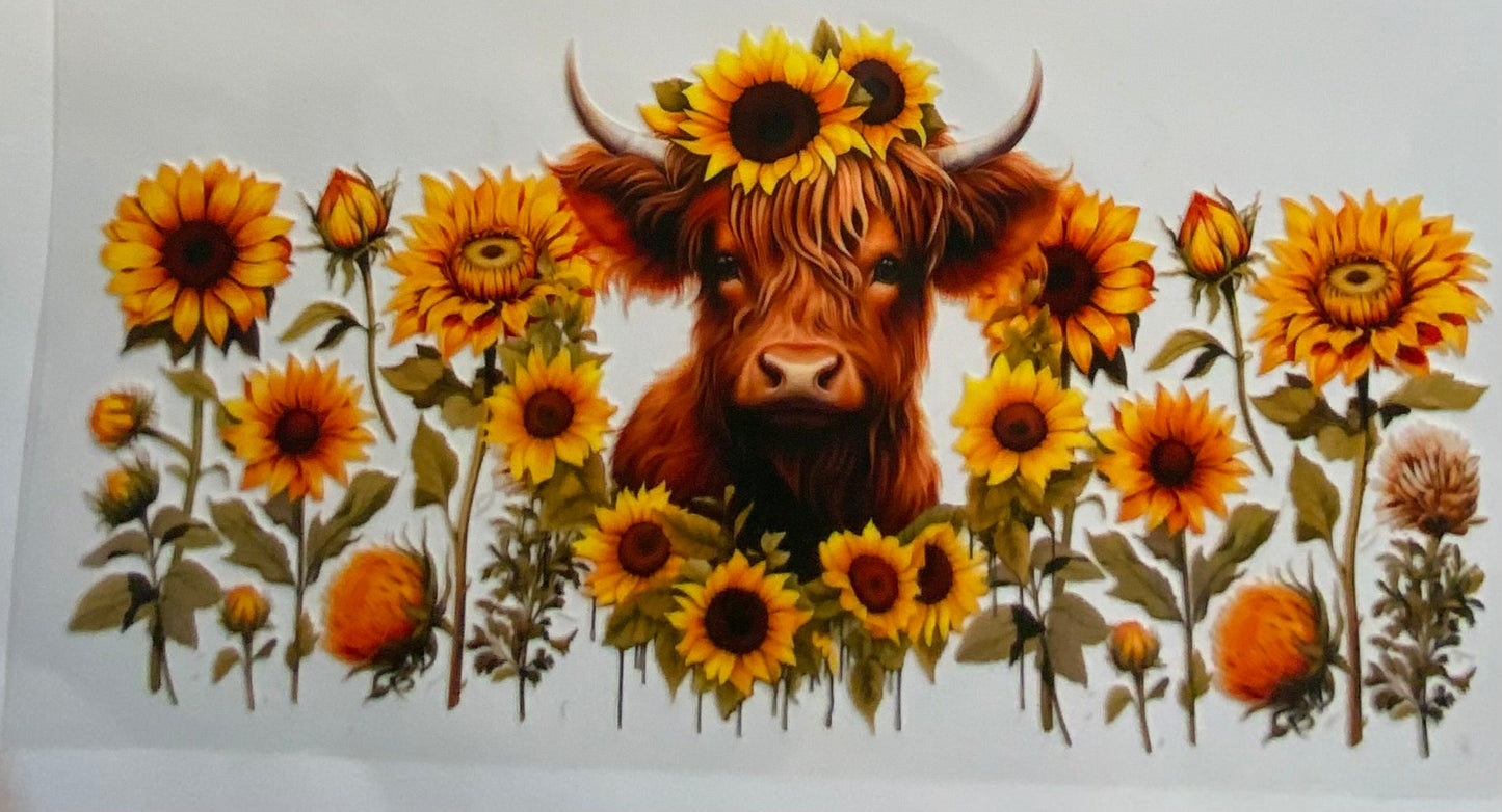 uvdtf transfer wrap highland cow in sunflower theme