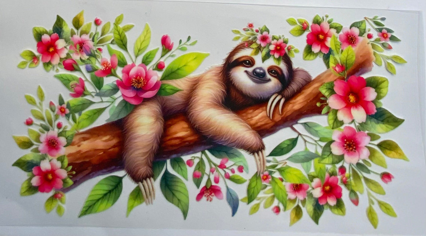 uvdtf transfer wrap sloth on a branch with floral`