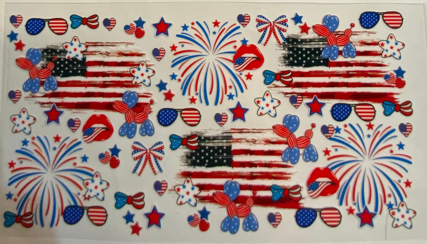 uvdtf transfer wrap Americana 4th of July with flags sunglasses fireworks
