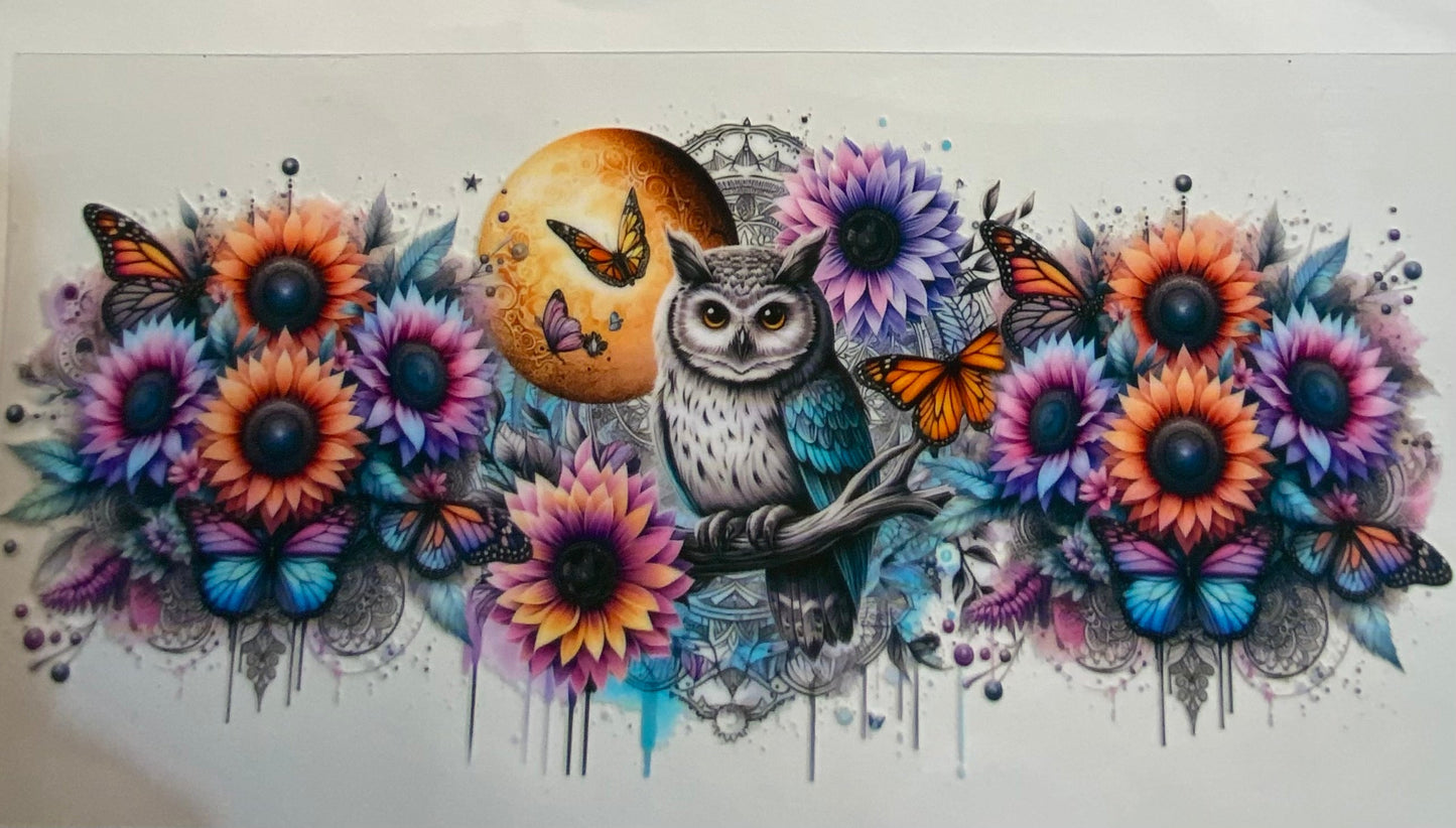 uvdtf transfer wrap blue owl sunflowers