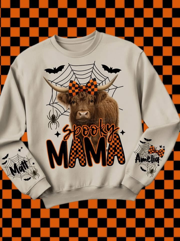 Custom sweater Halloween highland cow wifey,Nana or mama with names on sleeve
