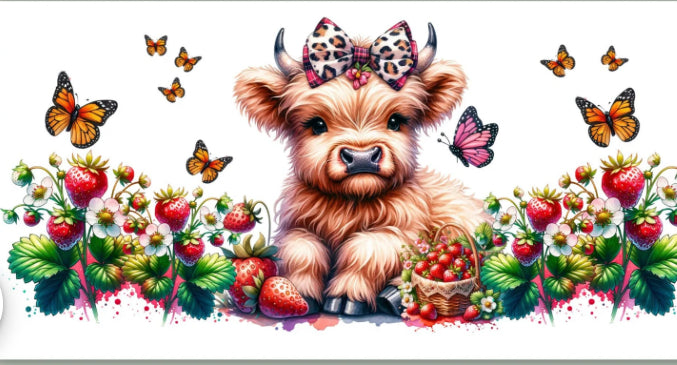 uvdtf transfer wrap highland cow with flowers and strawberry