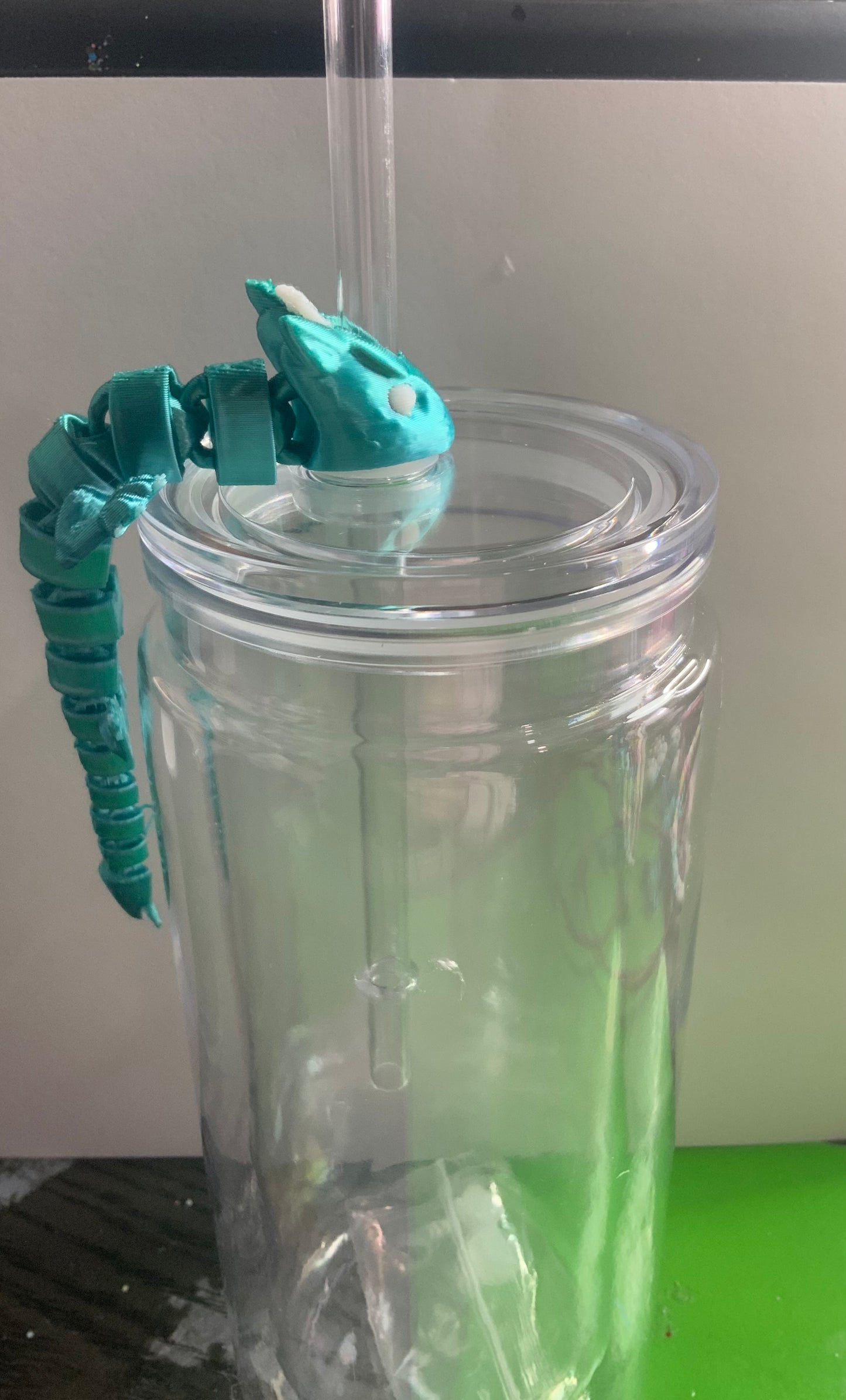 3D printed dragon for straw in teal