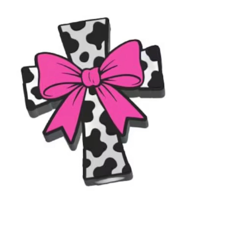 3d printed straw topper Cow printed cross with pink bow