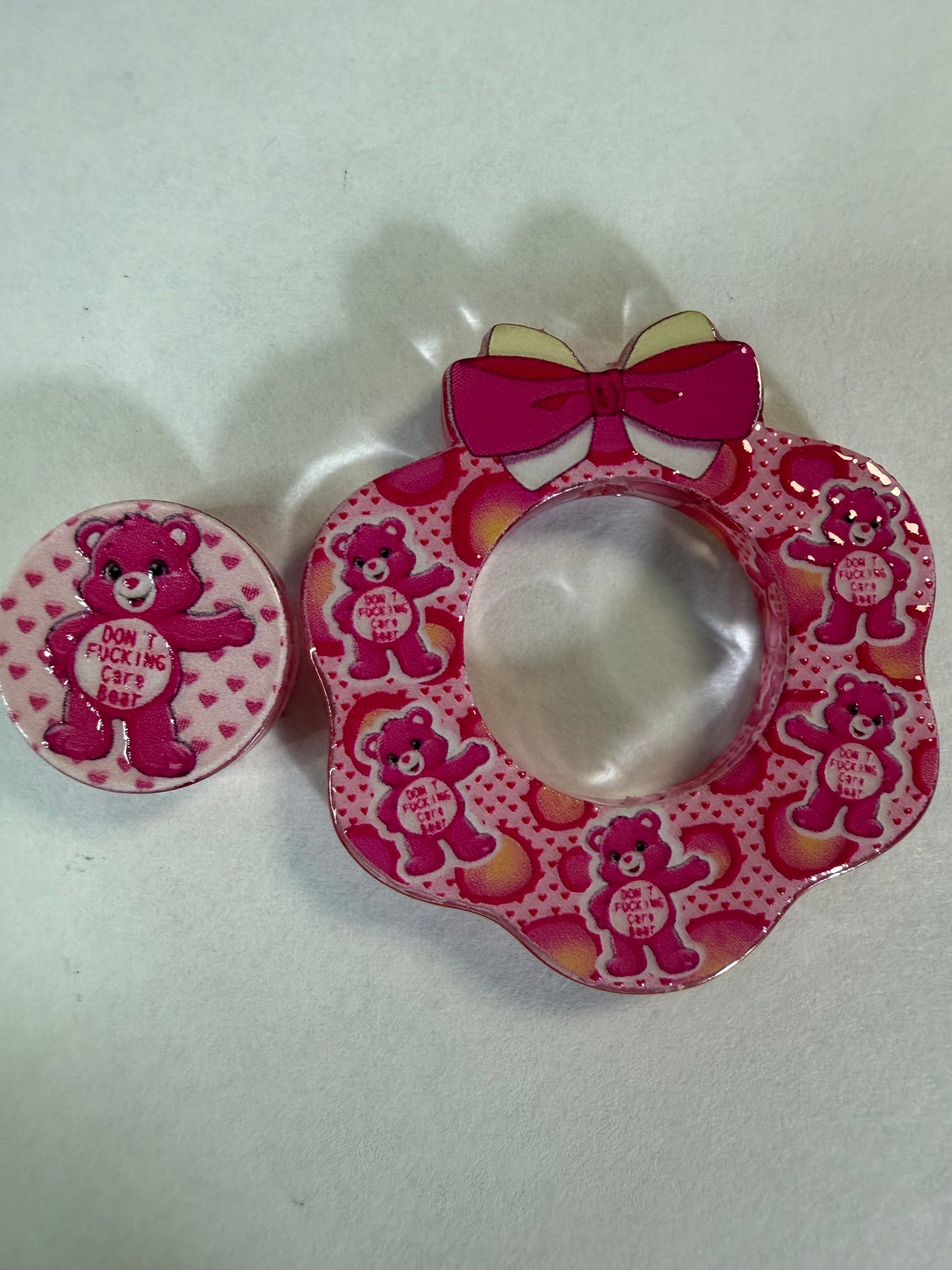 Acrylic focal 2 piece set wreath Pink carebear don’t care