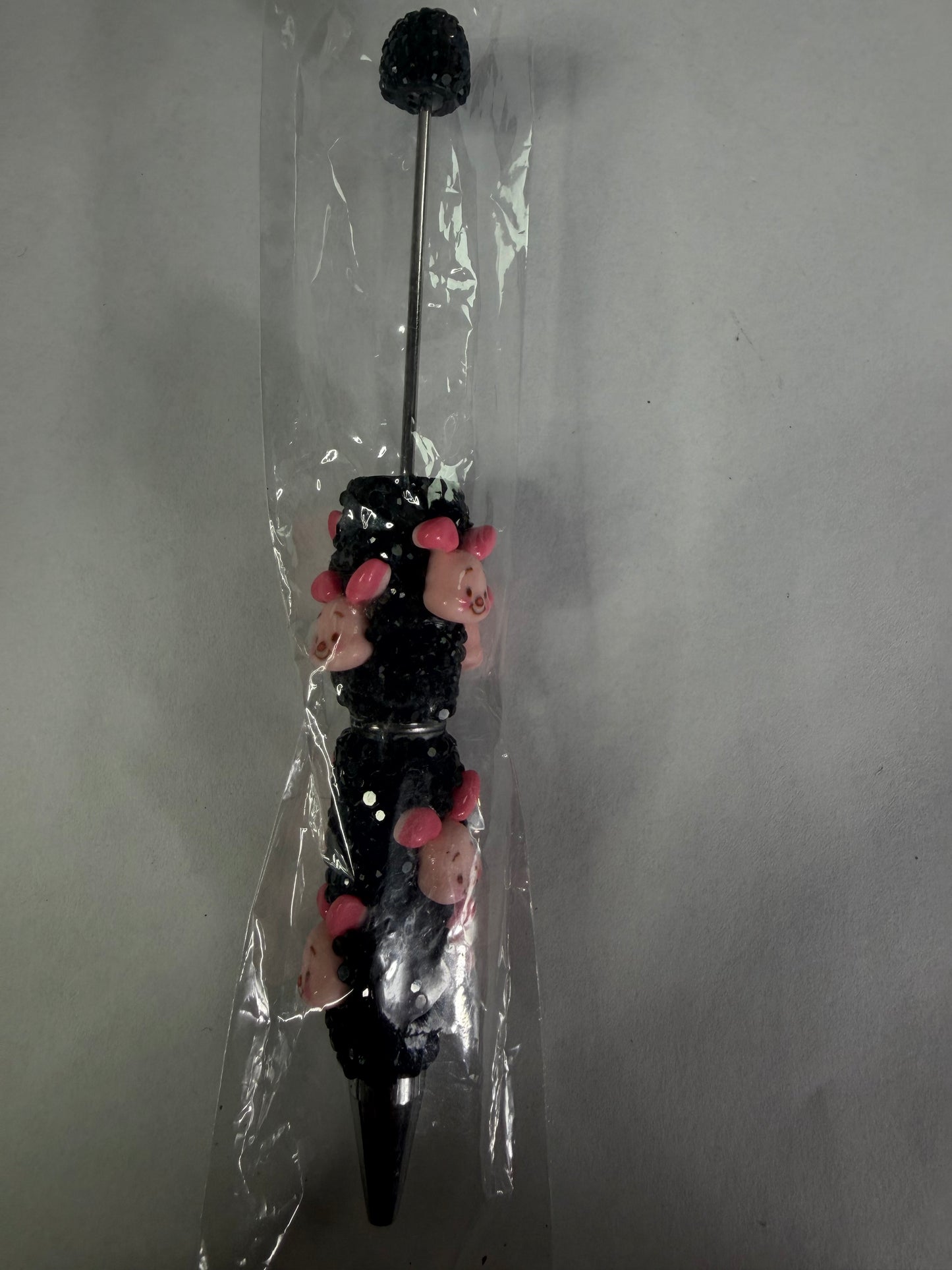 Beadable pens just the pen Black rhinestone piglet head