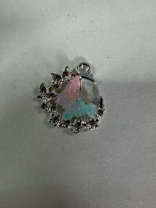 Charms moon with pink/blue butterfly with rhinestones