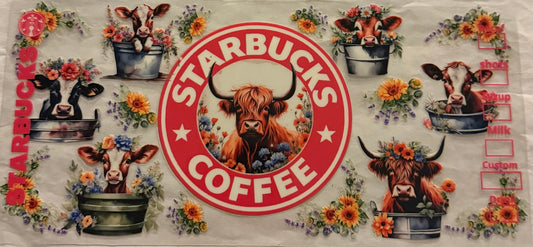 uvdtf  transfer wrap Starbucks highland cow floral red