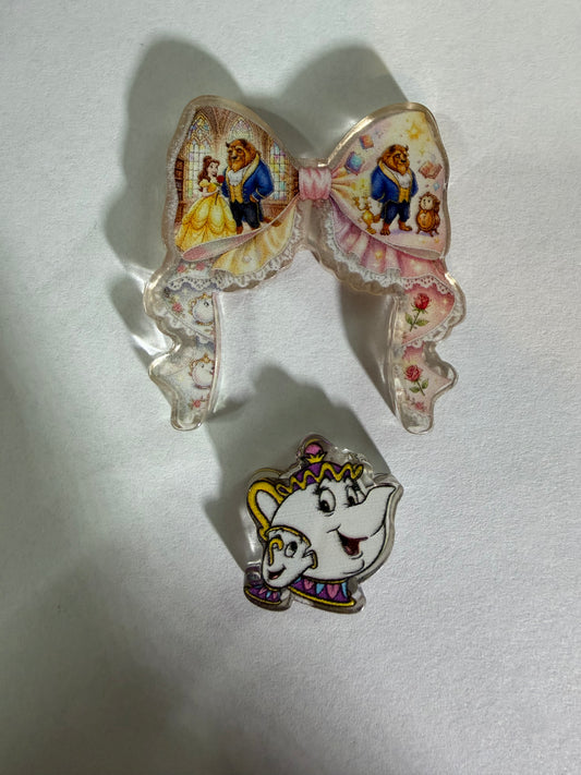 Acrylic focal 2 piece set Bow Belle and beast with teacup