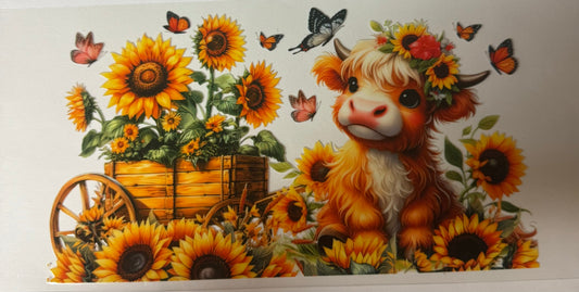 uvdtf  transfer wrap yellow highland cow sunflowers butterfly