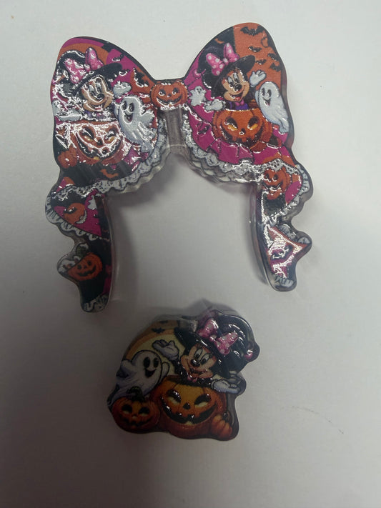 Acrylic focal 2 piece bow Minnie Halloween