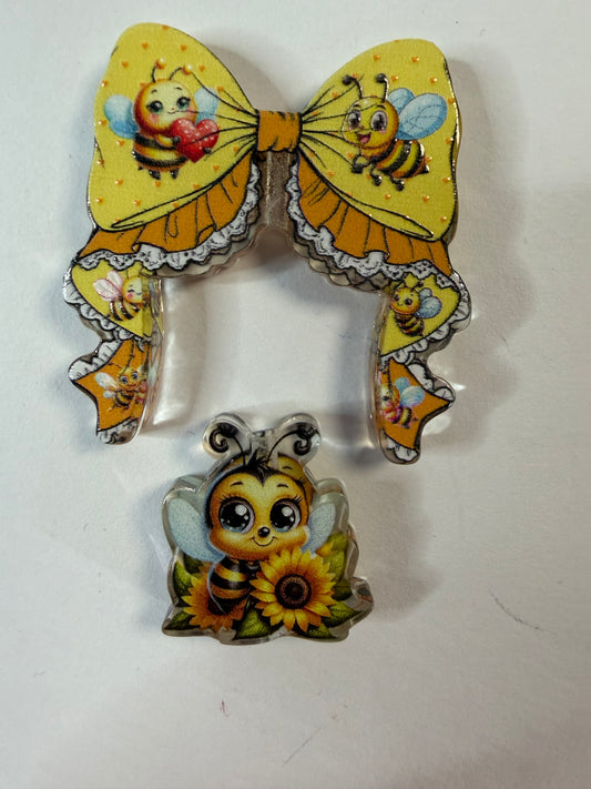 Acrylic focal 2 piece set bow yellow bee with sunflower